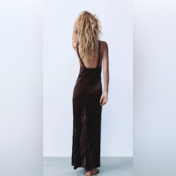 Zara Velvet Lace Trim Midi Dress Brown Slip Dress Size S 🤎 - Picture 7 of 13